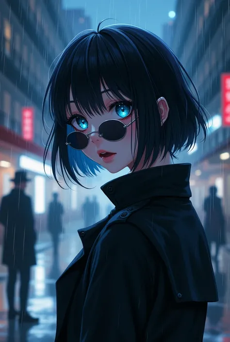 Masterpiece, top quality, illustration, {beautiful detail girl}, beautiful glow in detail, crossdressing beauty, (black jacket and trench coat), sunglasses, laughter, fangs removed, vampire, indigo eyes, rainy street corner, rain, detailed lighting, detail...