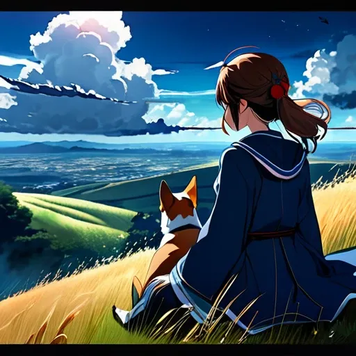 anime landscape of a girl＆cute corgidog sitting on a hill with grasses with dark blue clouds, blue cere madder sky  lightly big bell   with few clouds, anime nature wallpapers, beautiful anime scene, beautiful anime peace scene, Makoto Shinkai Cyril Roland...