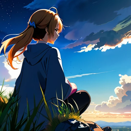 anime landscape of a girl＆cute corgidog sitting on a hill with grasses with dark blue clouds, blue cere madder sky  lightly big bell   with few clouds, anime nature wallpapers, beautiful anime scene, beautiful anime peace scene, Makoto Shinkai Cyril Roland...