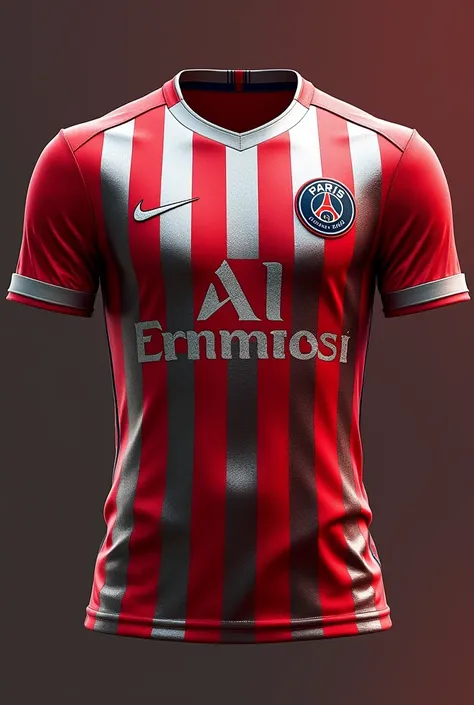 A PSG home kit with a unusual interpretation of the iconic red and white stripe with silver logos