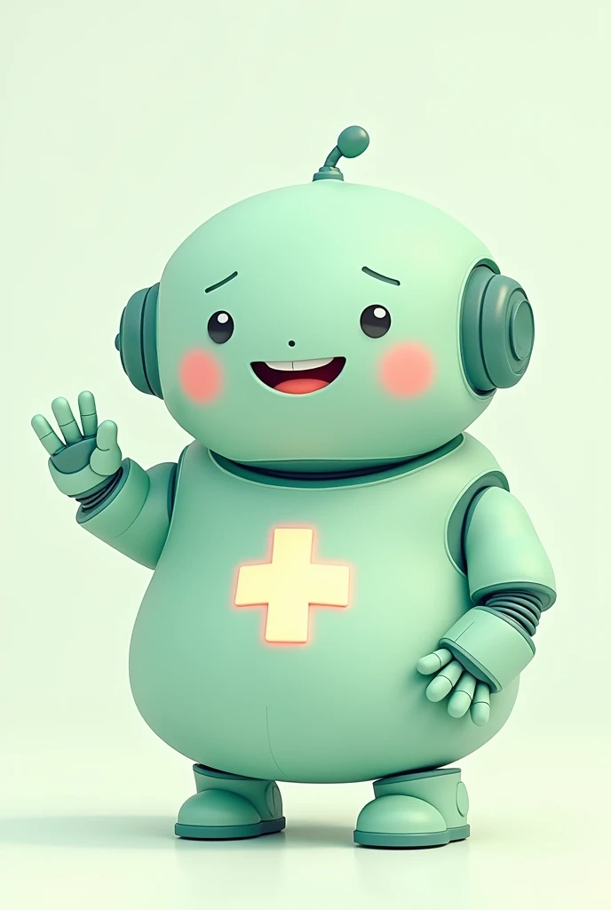 Small light green chubby friendly robot with a medical cross waving with one hand