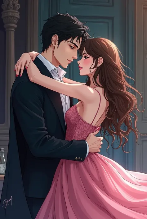 Anime style Sketch of a handsome male vampire hugging a pretty girl with long hair and pink dress