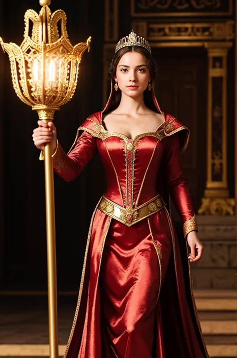 Empress. young woman. queen. light comes out from behind. flash. bright. with a raised scepter in his hand. beautiful woman. figure of power. Renaissance style. queen dress. Queen&#39;s crown.