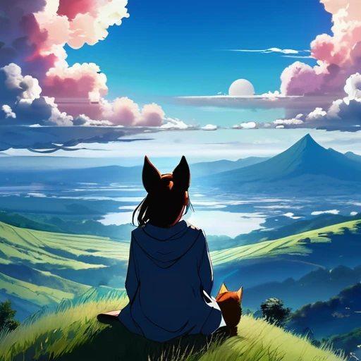 anime landscape of a girl＆cute corgidog sitting on a hill with grasses with dark blue clouds, blue cere madder sky  lightly big bell   with few clouds, anime nature wallpapers, beautiful anime scene, beautiful anime peace scene, Makoto Shinkai Cyril Roland...