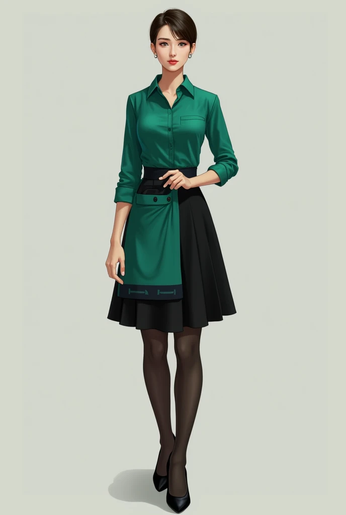 Design a uniform for a woman consisting of an emerald green shirt , black skirt that falls above the knees  , black stockings and black shoes and emerald green apron with black