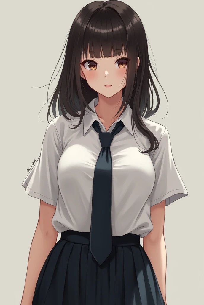 Straight haired girl, medium build, plump, with medium tits and medium ass and wearing a school uniform 