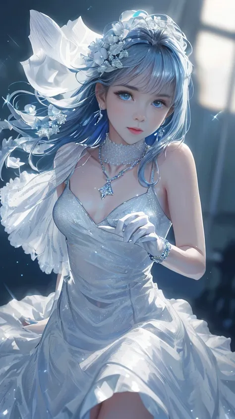 masterpiece, Highest quality, figure, Sax Blue, Platinum Earrings, Platinum Necklace, White Dress, One girl, cute, (Dynamic Lighting:1.2), Cinema Lighting, Delicate facial features, Detailed eyes, Sharp pupils, Realistic students, Depth of written boundary...