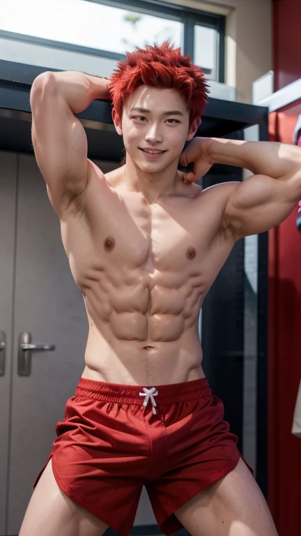 Japanese men、15 years old、Well-developed muscles and smooth skin、Spiky red hair、Boxer briefs, fearless smile、Masculine pose、You can see the whole body from head to toe、