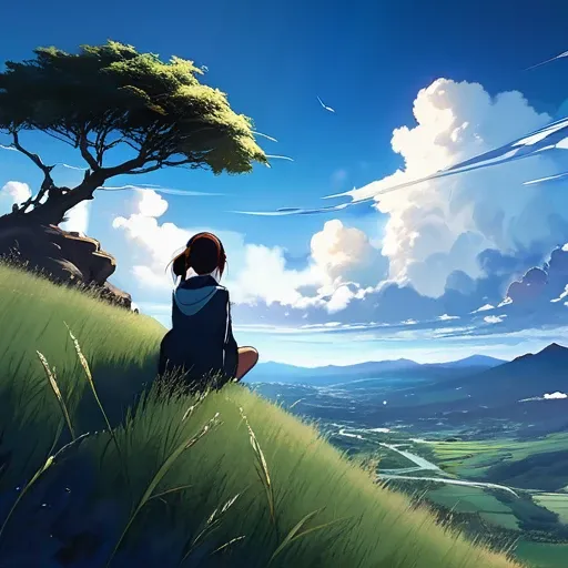 anime landscape of a girl＆cute corgidog sitting on a hill with grasses with dark blue clouds, blue cere madder sky  lightly big bell   with few clouds, anime nature wallpapers, beautiful anime scene, beautiful anime peace scene, Makoto Shinkai Cyril Roland...