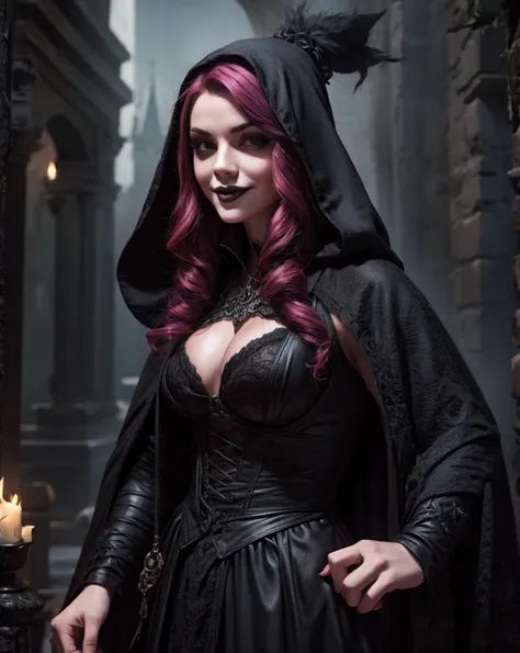 Gothic, vampires, black cloaks, 18th century London, Pink hair, young face, smile, famous character, high detail of objects, gloomy environment, horror style, good detail of body and hands, full height, high detail 2k, black lipstick on the lips,Take me aw...