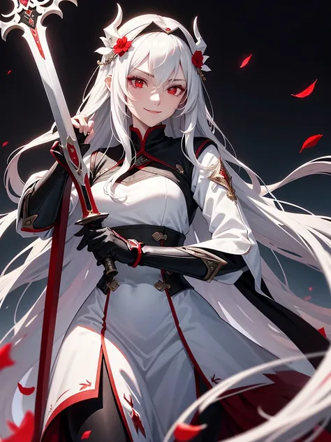 woman, red eyes, white long wavy hair, noble, wearing a black unifrom, fighting with a sword like a female knight, wearing flowers on her head. sadistic smile. cruel