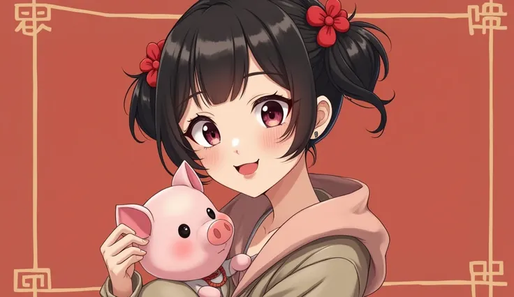 Qipao chinese anime girl, Has a pet pig, looks like 21 year old.