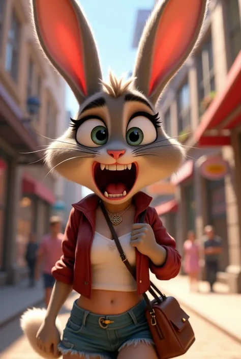 a sexy cartoon bunny screaming in terrorwith a bag and a necklace on, lola bunny fanart, judy hopps from zootopia, pov furry art, judy hopps, cleavage, female furry mini cute style, ultrarealistic sweet bunny girl, a portrait of judy hopps, in zootopia cit...