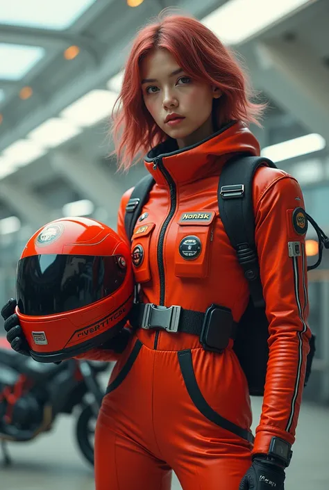 An astronaut with shoulder-length marsala hair, honey-colored eyes, holding a red norisk motorcycle helmet, and a motorcycle on the side
