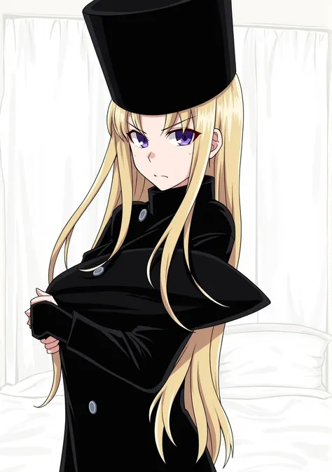 Maetel from Galaxy Express 999 standing in a bedroom, wearing only a long black coat, holding it open to expose her naked body, NSFW