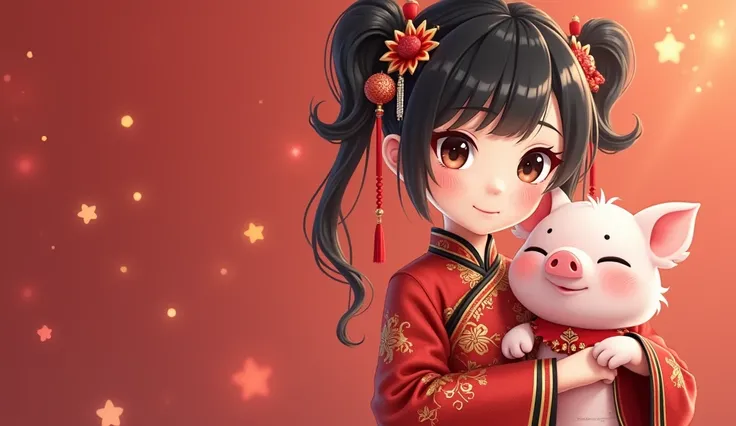 Chinese anime girl, Has a pet pig, looks like 21 year old. Full body with background picture, wearing chinese new year outfit, black hair
