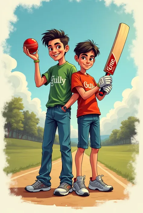 Draw a youtube thumbnail for gully cricket vlog video with two boys with bat and ball , a stylish text on middle "cricket vlog " ,and name in corner "indrajeet Yadav"