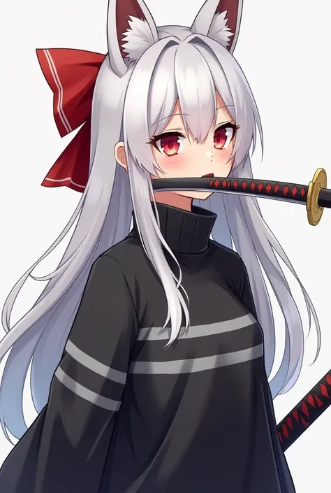 A girl waring black sweater with gray horizontal stripes, a red bow on the back of the head  and have white long hair , have white kitsune ears holding a katana in her mouth