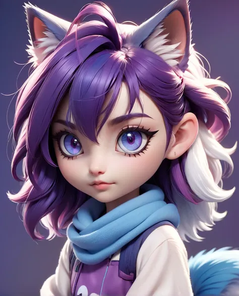 zhibi, an adorable and fluffy adult female cat with big color eyes and beautiful shape and huge , monster in pokemon style, "Monster", Cute, white purlple gradient fur, giant blue cute beatiful detailed chibi eyes, cutie, eye contact, wearing Kuromi  T-shi...