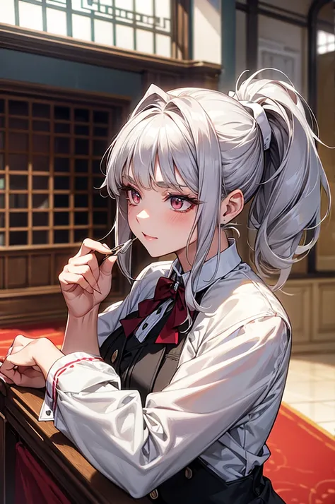 masterpiece, best quality, Silver-haired ponytail, crimson uniform, whole body, face detail, cat-like face, pretty girl, 24 year old girl, beauty, hyundai, Inside the building, Desired