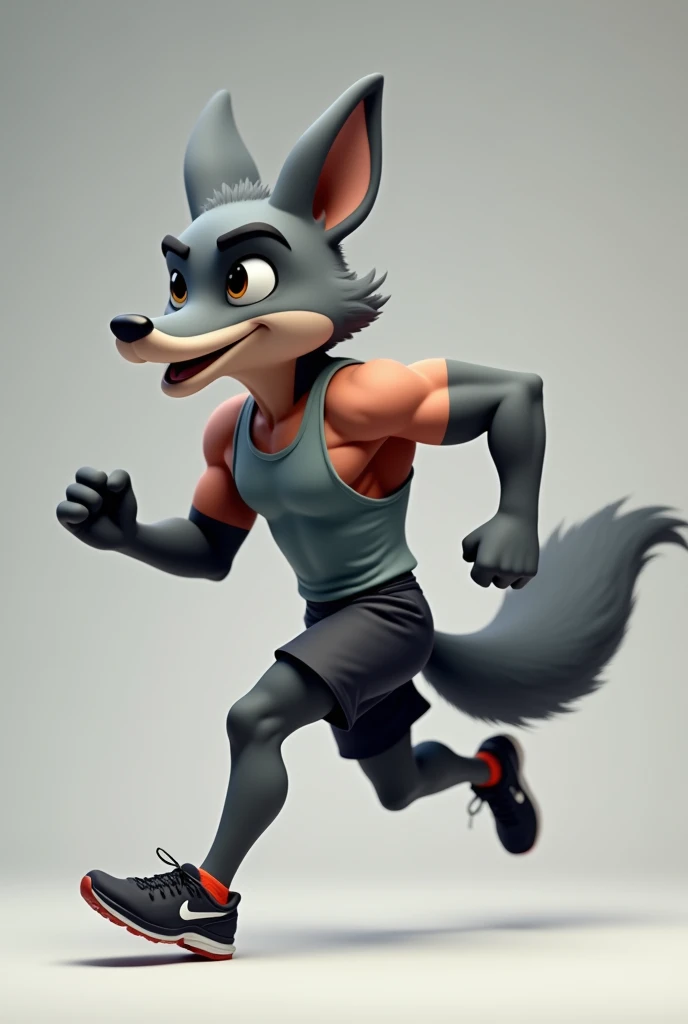 A realistic 3D cartoon muscular male gray fox, running wearing a tank top and exercise shorts and running shoes, from sideways 