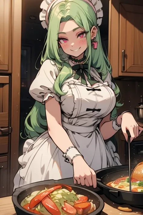 Perfect face. Perfect hands. A light green haired woman with pink eyes with an hourglass figure in a Lolita maid dress is smiling while cooking in a fancy kitchen