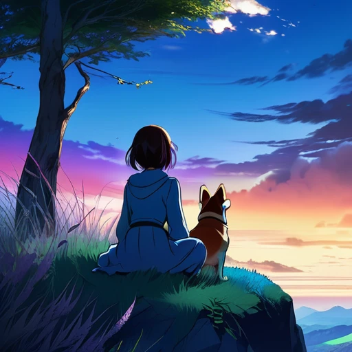 anime landscape of a girl＆cute corgidog sitting on a hill with grasses with dark blue clouds, blue cere madder sky  lightly big bell   with few clouds, anime nature wallpapers, beautiful anime scene, beautiful anime peace scene, Makoto Shinkai Cyril Roland...