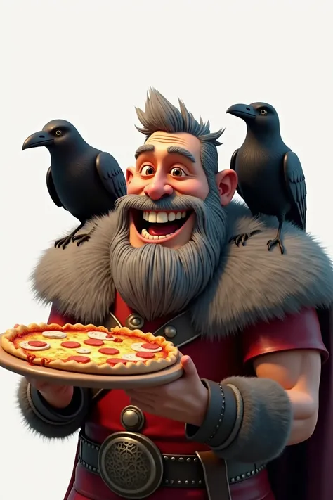 Illustration of smiling viking man eating pizza, insane smile, brown skin man with a giant grin, smiling happily at the camera, Valhalla Hall, two crows on the shoulder, gray hair, laughing huge smile, drawing in 3D Art style, C4D, pure white color backgro...