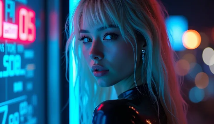 ((best quality)), ((​masterpiece)), (detailed), ((background Cyber)), wet look, ((blond long Hair)), ((Intricate detailing, in the night time, Contre-Jour, random neon color, View from afar, random pose, blue latex bodysuit, face focus, hell picture, light...