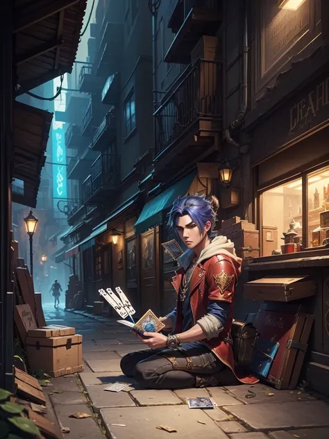 ((best quality)) , ((masterpiece)) , (detailed),In the style of League of Legends splash art, a fantasy card player holds cards in hand and boxes lie on the floor in a night time city alleyway.