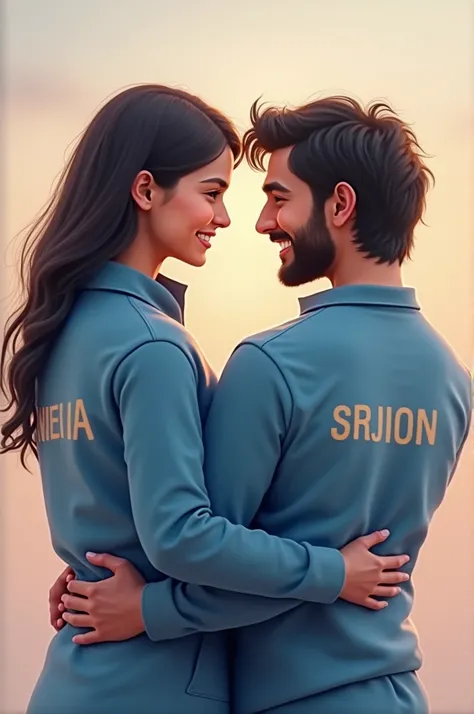 A couple is holding each other hand warmly. They are both dressed in blue outfits— the boy’s shirt features the name "Sneha" prominently in his back, and the girl’s shirt has the name "Srijon" on it in her back. They are smiling at each other, creating a t...