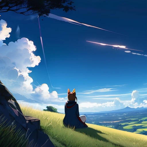 anime landscape of a girl＆cute corgidog sitting on a hill with grasses with dark blue clouds, blue cere madder sky  lightly big bell   with few clouds, anime nature wallpapers, beautiful anime scene, beautiful anime peace scene, Makoto Shinkai Cyril Roland...