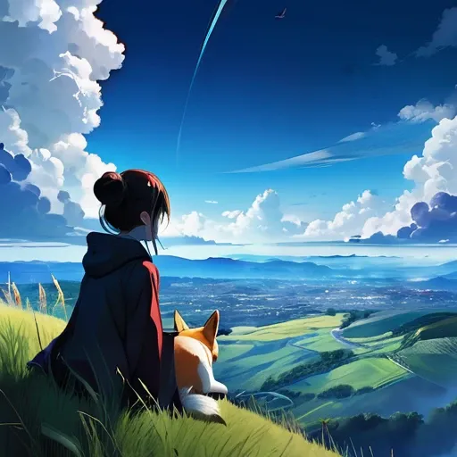 anime landscape of a girl＆cute corgidog sitting on a hill with grasses with dark blue clouds, blue cere madder sky  lightly big bell   with few clouds, anime nature wallpapers, beautiful anime scene, beautiful anime peace scene, Makoto Shinkai Cyril Roland...