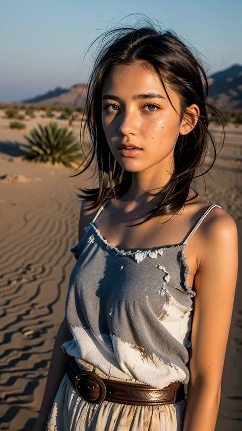 masterpiece, Transition to a desert landscape at sunset, a lonely figure, A beautiful 13-year-old Ukrainian teenager emerges wearing beautiful post-apocalyptic nomadic clothes., White skin, by rubio, gray blue eyes, Freckles in the face, slim body for runn...