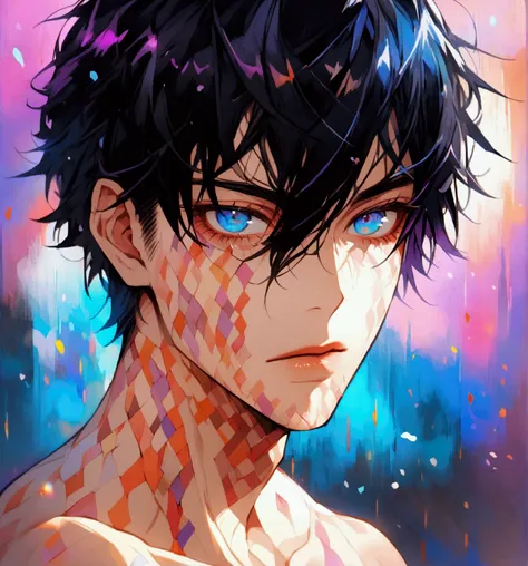 A stunning animie male with Black hair. His eyes are practically covered with his hair. His eyes are two diffrent colors, one blue, one purple. Shirtless 