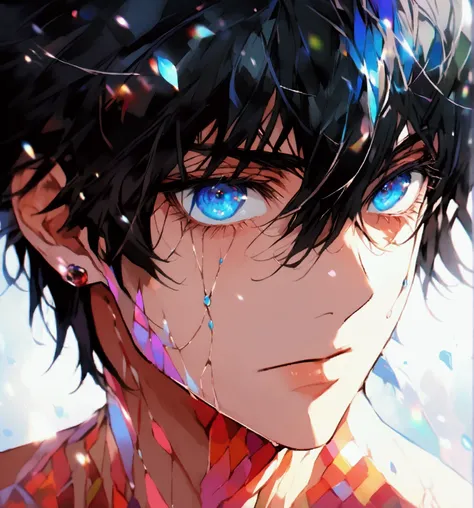 A stunning animie male with Black hair. His eyes are practically covered with his hair. His eyes are two diffrent colors, one blue, one purple. Shirtless 