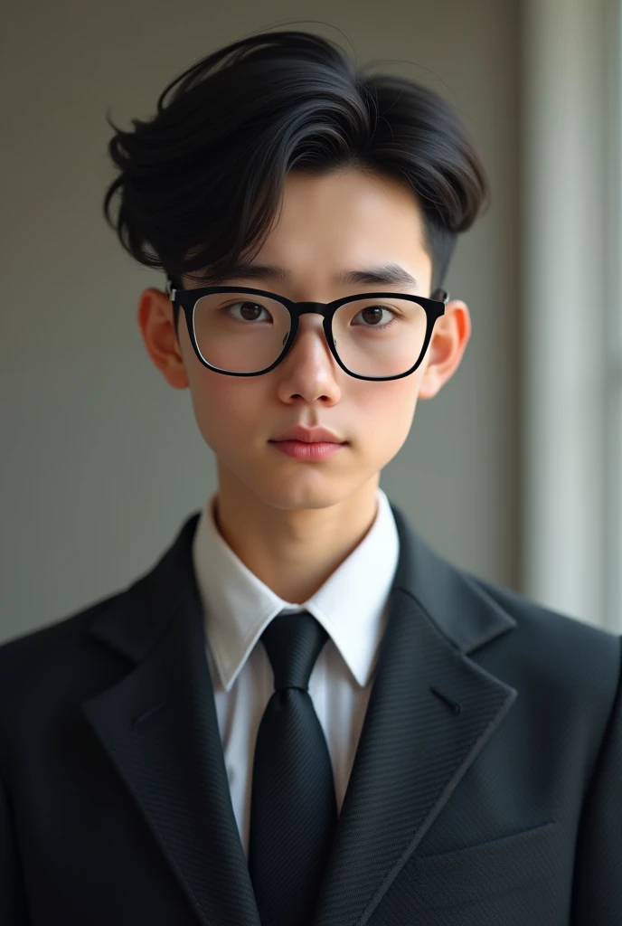 A 16 year old boy wearing suit ang glasses