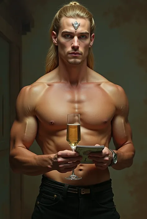 skinny man, well-built, with English descent, green eyes, fine nose, long yellow hair tied in a ponytail, with tarot cards in hand, and a glass of champagne, with a diamond in the middle of the eyebrows, shirtless