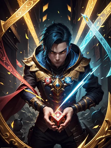 ((best quality)) , ((masterpiece)) , (detailed),League of Legends splash art depicting the card master Zed, holding playing cards, in a dark alleyway background, with a gold and red color scheme, and yellow and blue colored magical light beams floating aro...