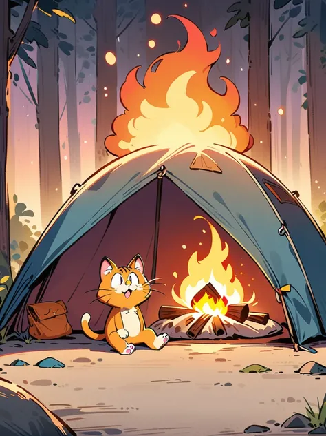 masterpiece, best quality, highres, concept art, Garfield cat, camping at night, solo, detailed fur, playful expression, glowing campfire, moonlit night, forest background, cinematic lighting, vibrant colors