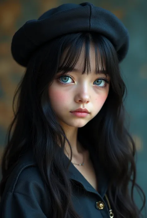 Girl around 18 years old, beautiful, black hair, blue eyes, cat eyes, medieval, astronomer, beret, genius, serious, young lady