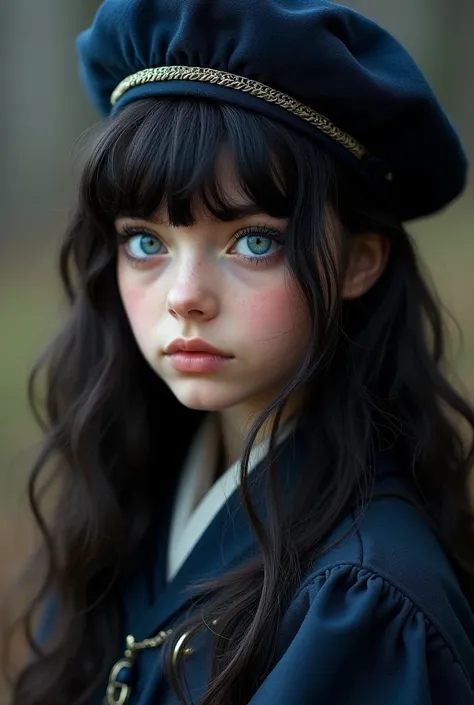 Girl around 18 years old, beautiful, black hair, blue eyes, cat eyes, medieval, astronomer, beret, genius, serious, young lady