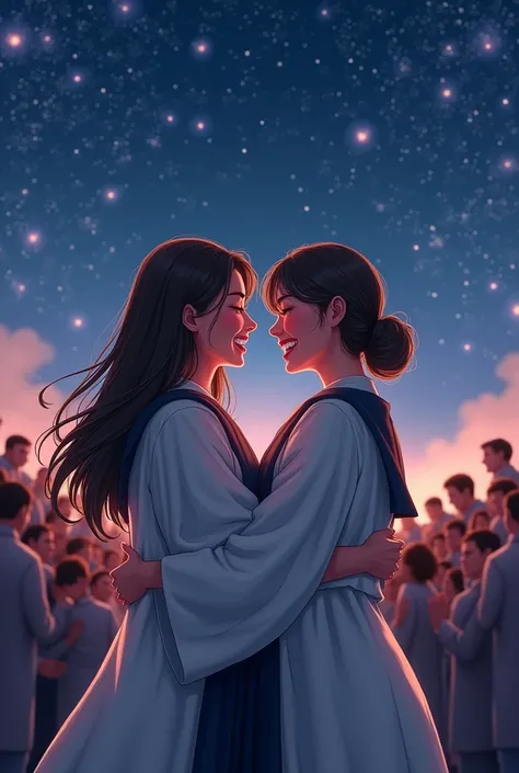 two woman medical student  wearing toga graduation in a field of many people hugging night time