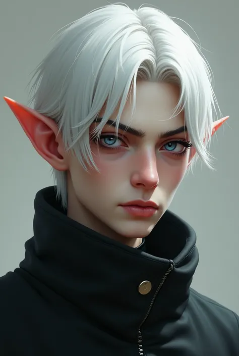 A shadow elf, 22 year old man, with short white hair, light eyes and a sarcastic expression 