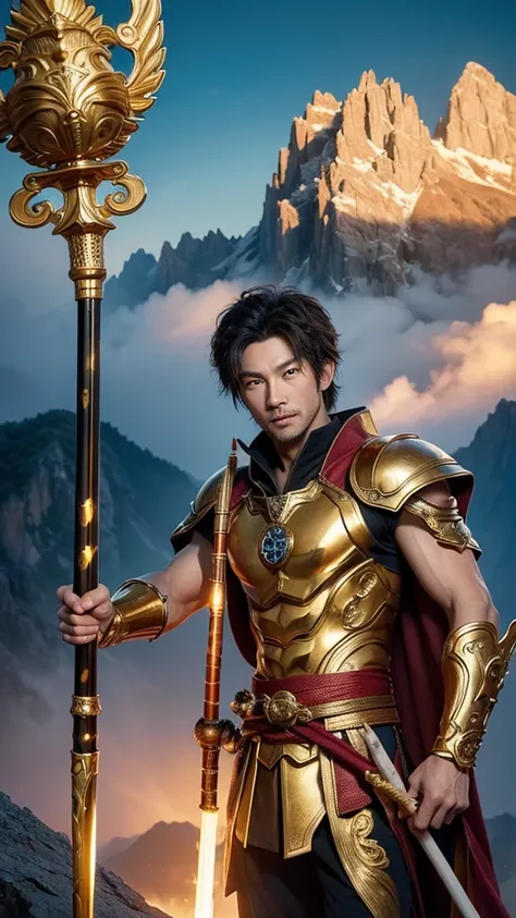 best quality，Very detailed，masterpiece，illustration，wukong（black myth），Determined expression，Glowing eyes，Holding a golden staff，Standing on the peak of a rugged mountain range，There is sunshine around、cloud，Presented as a hero，Close-up，Make the Swinging G...