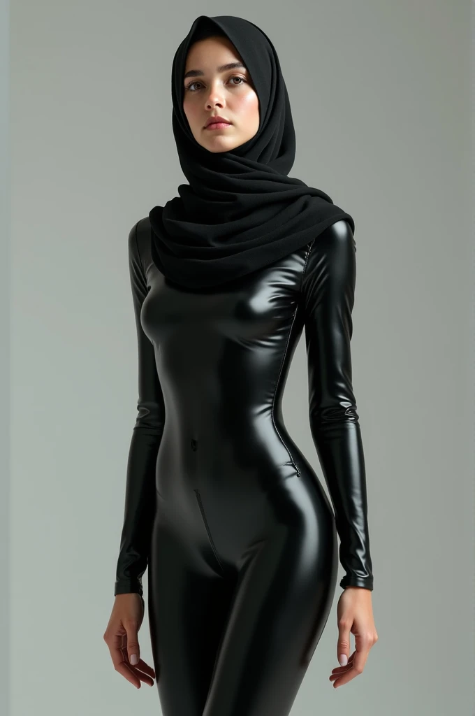 A girl wearing hijab . Innocent face. Long leg. Wearing full body black latex suit. High quality. High resolution