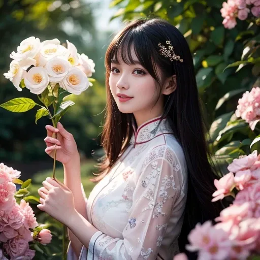 best quality, Delicate face，beautiful visual work, lifelike,  eternity, black hair, Long curly hair, blunt bangs, Smile, In the flower garden, flower, Detailed Background,  Delicate face，pink blush，cold，((masterpiece))、(top quality)、8k、high detail、Super de...