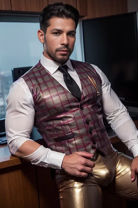 HD 4k wallpaper  handsome man Rafael Amaya muscular strong and muscular legs, physicist-culturist ,((( well-built))), big lump, in white pants, (((White shirt and black tie and burgundy checked vest with gold trim))), well-built, eyes alpha, close up, perf...