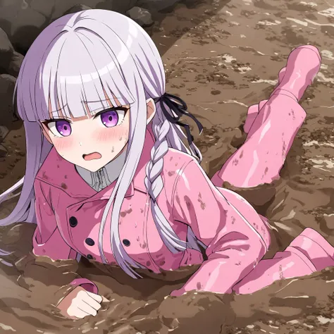 a girl laying in muddy field, wearing a long pink shiny buttoned raincoat, ((shiny pink raincoat)), ((muddy clothes)), wearing r...