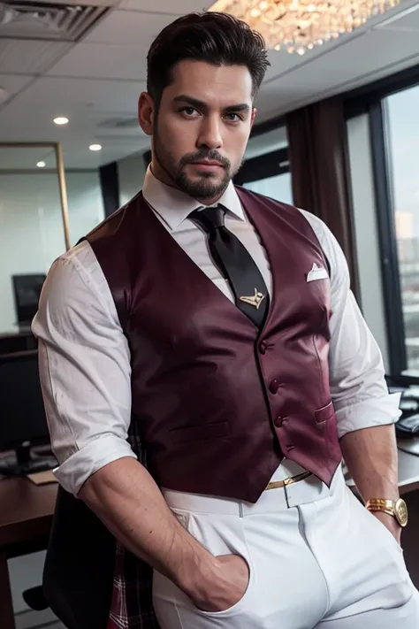 HD 4k wallpaper  handsome man blanco muscular strong and muscular legs, physicist-culturist ,((( well-built))), big lump, in white pants, (((White shirt and black tie and burgundy checked vest with gold trim))), well-built, eyes alpha, close up, perfect ha...